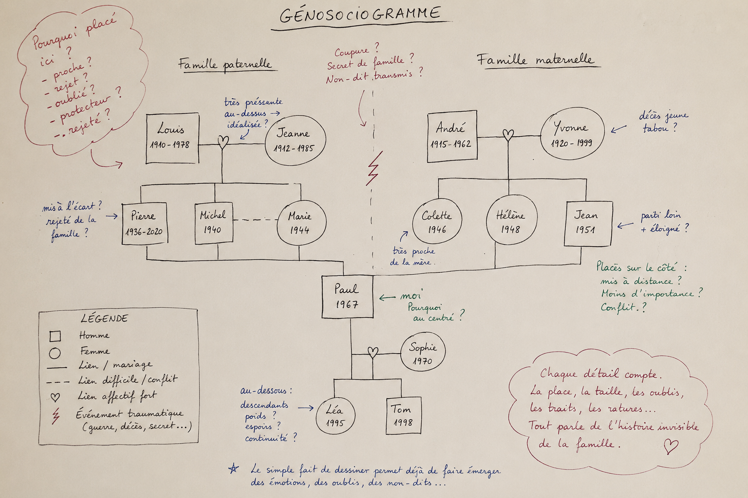 Exemple de génosociogramme dessiné à la main, représentant plusieurs générations d'une famille avec leurs liens et événements